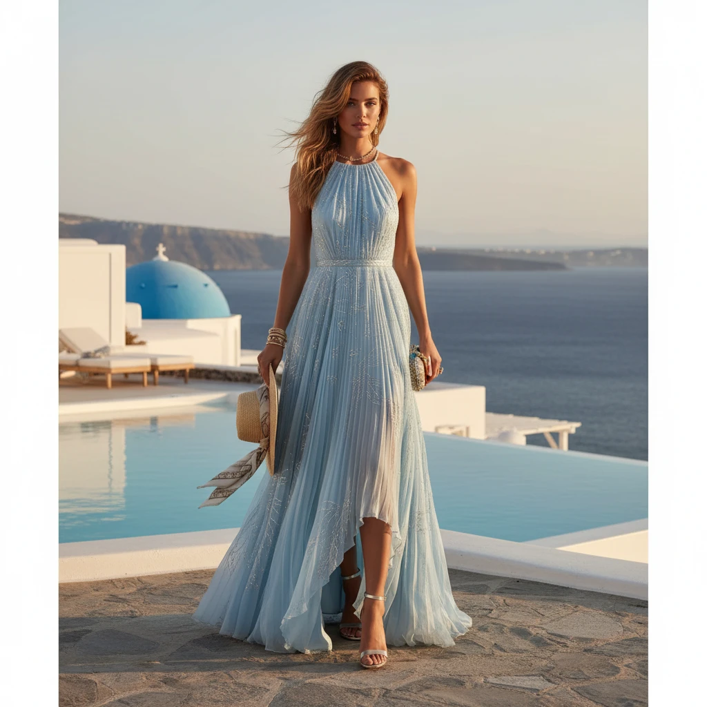 Gemma Deeks Style Guide: Resort chic wedding guest dress in Mykonos Summer 2026