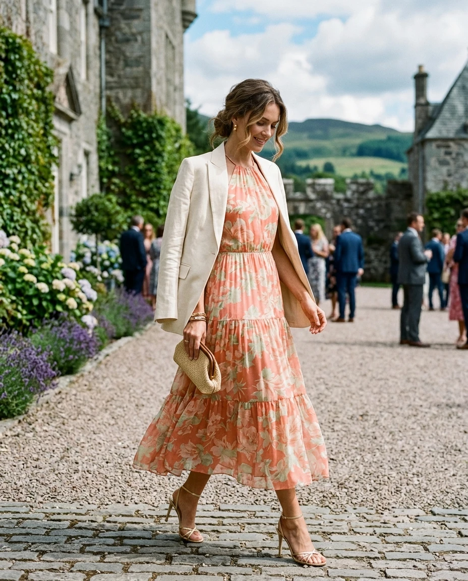 Gemma Deeks Style Guide: Resort chic wedding guest dress in Scotland Summer 2026