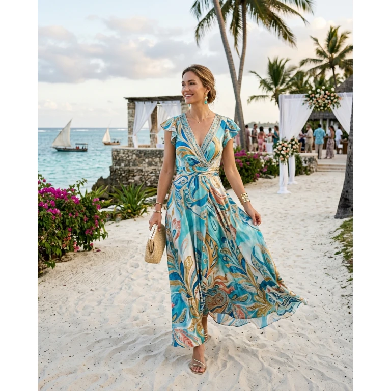Gemma Deeks Style Guide: Resort chic wedding guest dress in Zanzibar Summer 2026