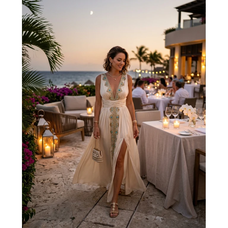 Gemma Deeks Style Guide: Resort Wear dinner outfit in Cancun Summer 2026