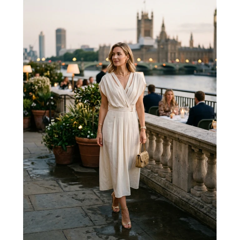 Gemma Deeks Style Guide: Resort Wear dinner outfit in London Summer 2026