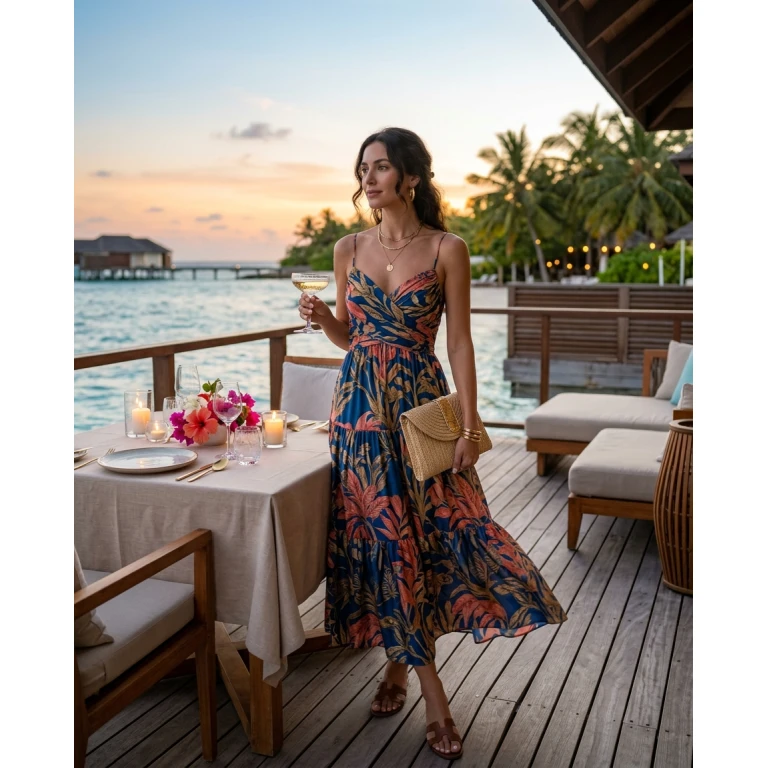 Gemma Deeks Style Guide: Resort Wear dinner outfit in Maldives Summer 2026