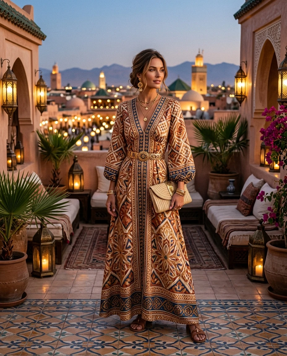 Gemma Deeks Style Guide: Resort Wear dinner outfit in Marrakech Summer 2026
