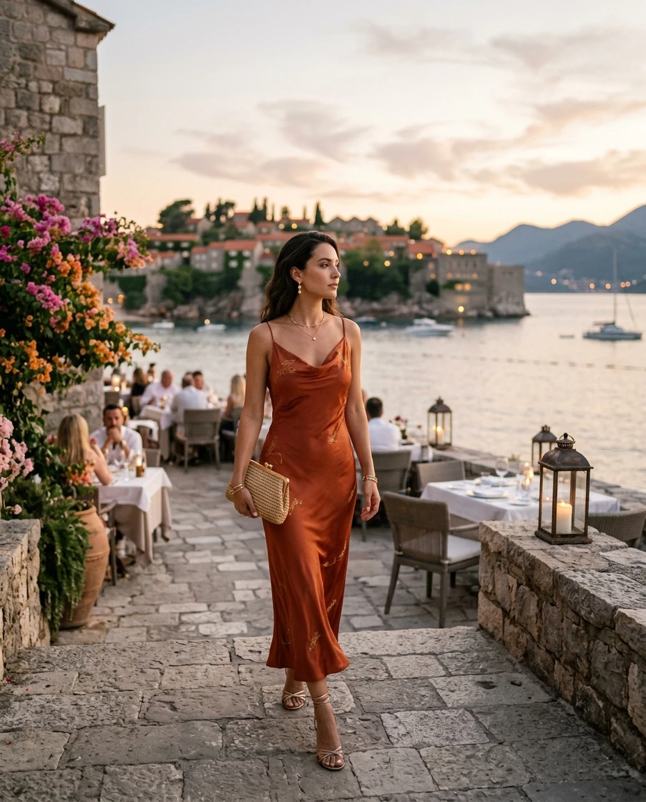 Gemma Deeks Style Guide: Resort Wear dinner outfit in Montenegro Summer 2026