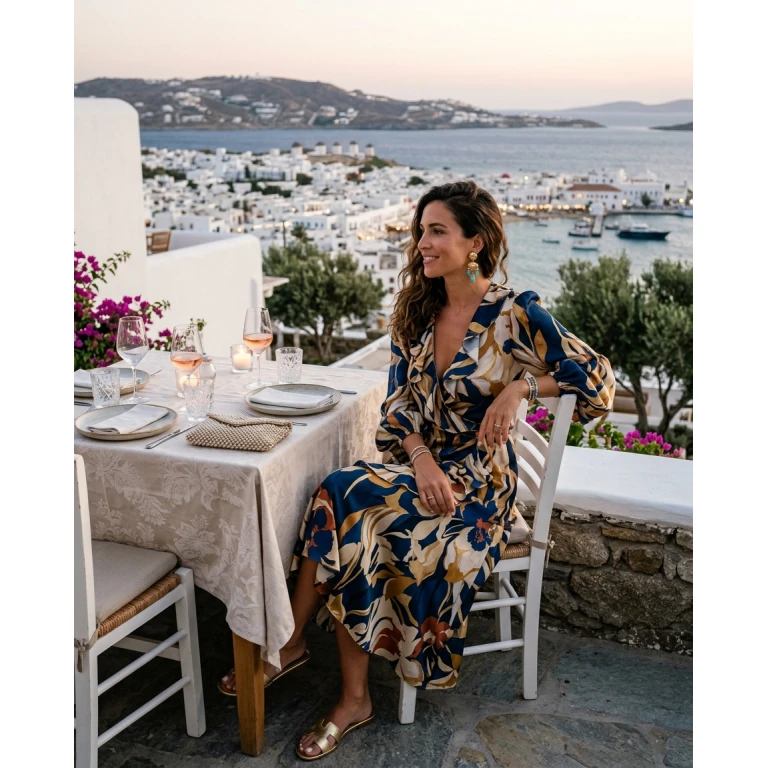Gemma Deeks Style Guide: Resort Wear dinner outfit in Mykonos Summer 2026