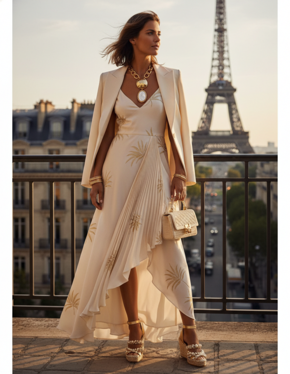 Gemma Deeks Style Guide: Resort Wear dinner outfit in Paris Summer 2026