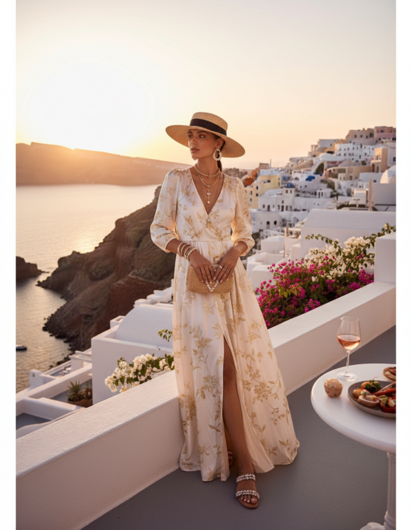 Gemma Deeks Style Guide: Resort Wear dinner outfit in Santorini Summer 2026