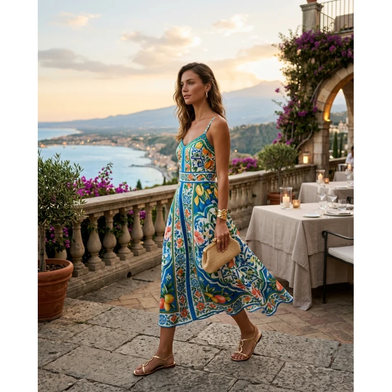 Gemma Deeks Style Guide: Resort Wear dinner outfit in Sicily Summer 2026