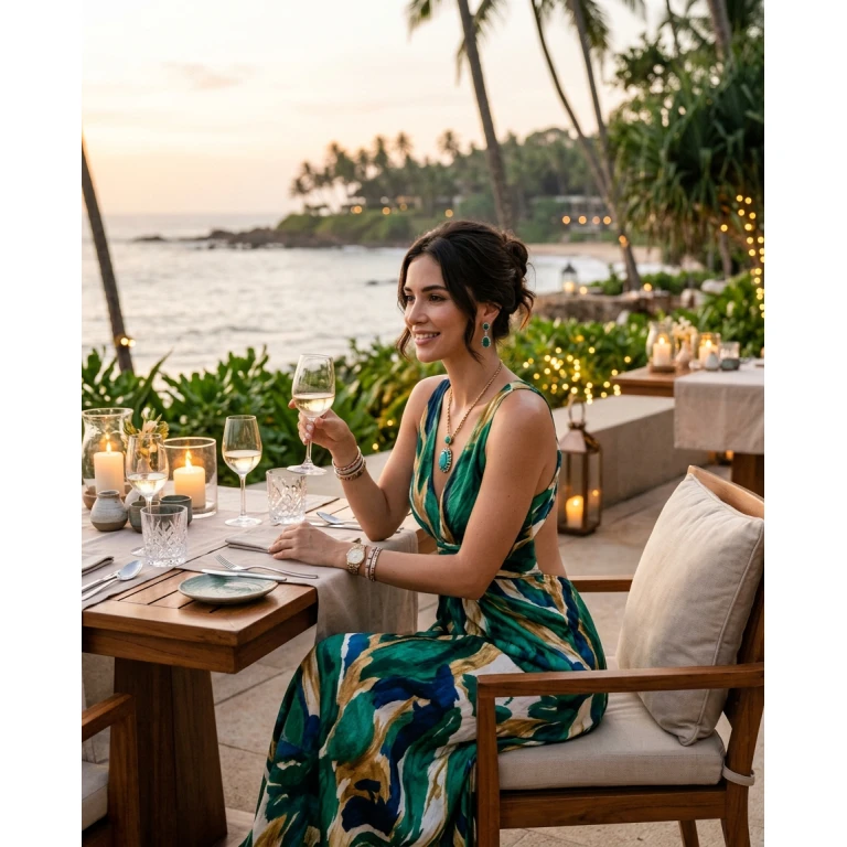 Gemma Deeks Style Guide: Resort Wear dinner outfit in Sri Lanka Summer 2026