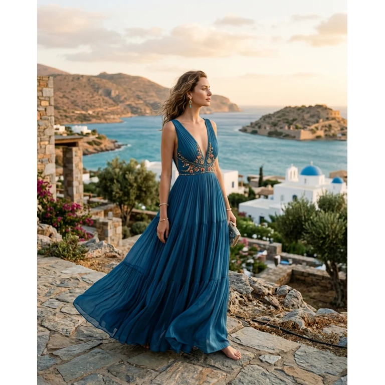 Gemma Deeks Style Guide: Resort Wear gala gown in Crete Summer 2026