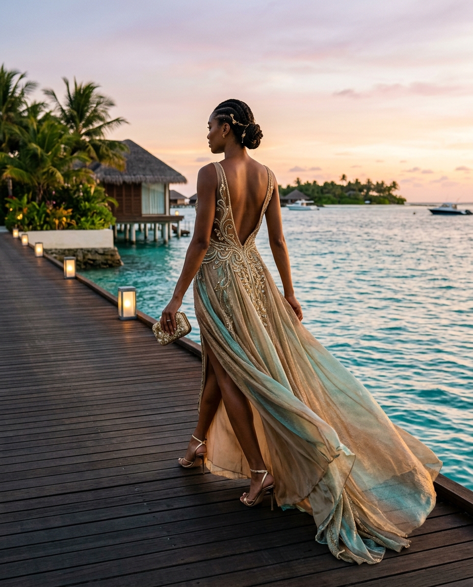 Gemma Deeks Style Guide: Resort Wear gala gown in Maldives Summer 2026