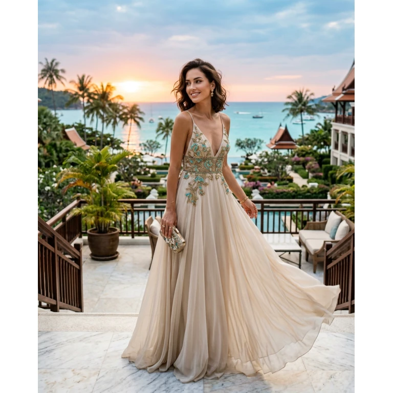 Gemma Deeks Style Guide: Resort Wear gala gown in Phuket Summer 2026