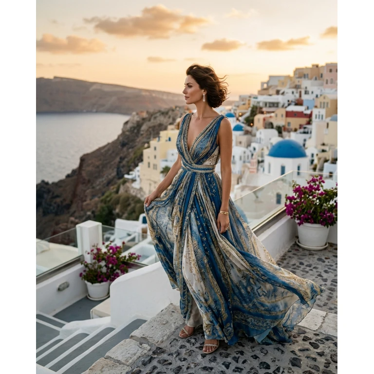 Gemma Deeks Style Guide: Resort Wear gala gown in Santorini Summer 2026
