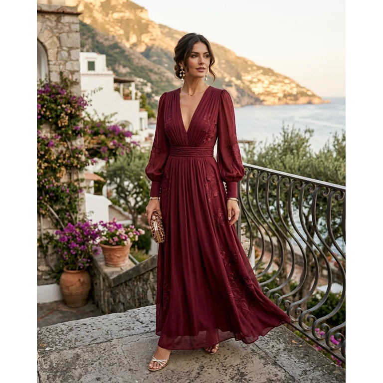 Gemma Deeks Style Guide: Resort Wear wedding guest dress in Burgundy Summer 2026
