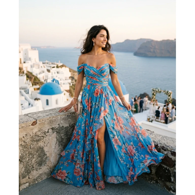 Gemma Deeks Style Guide: Resort Wear wedding guest dress in Santorini Summer 2026