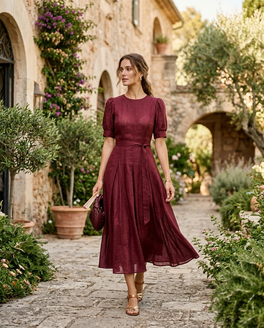 Gemma Deeks Style Guide: Semi Formal Designer Summer Dresses in Burgundy Summer 2026