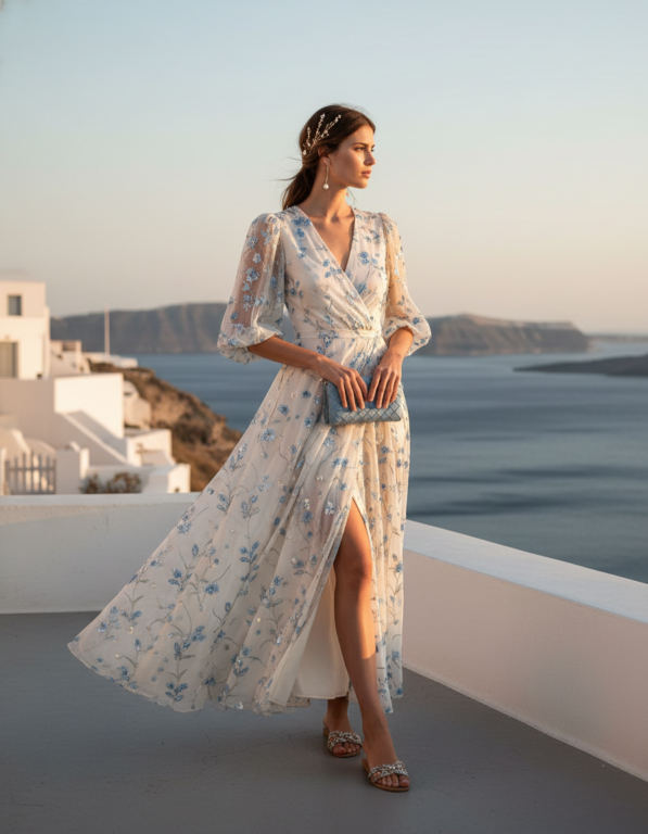 Gemma Deeks Style Guide: Semi Formal Designer Summer Dresses in Santorini Summer 2026