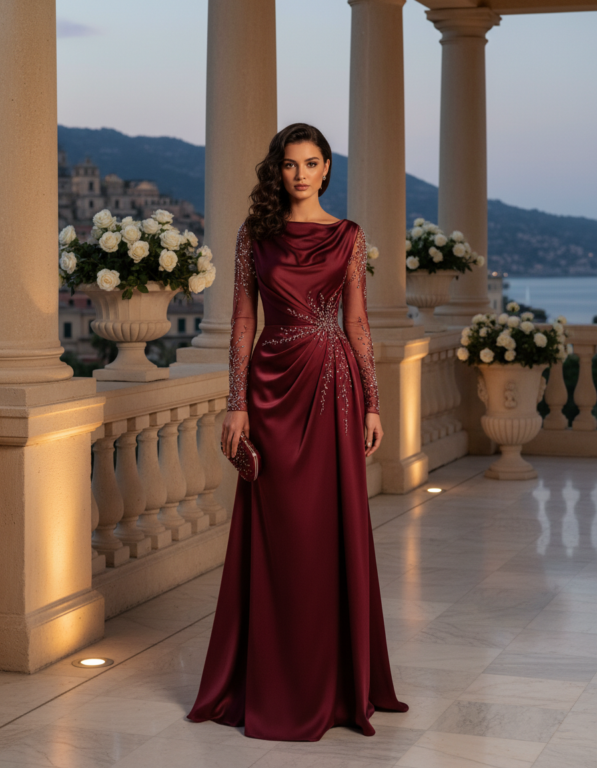 Gemma Deeks Style Guide: Semi Formal gala gown in Burgundy Summer 2026
