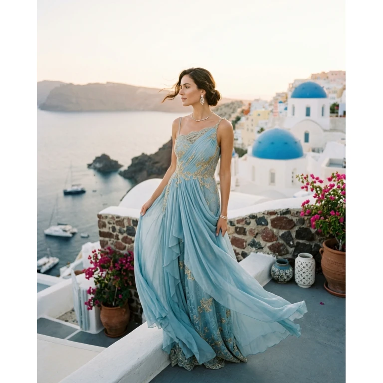 Gemma Deeks Style Guide: Semi Formal gala gown in Santorini Summer 2026