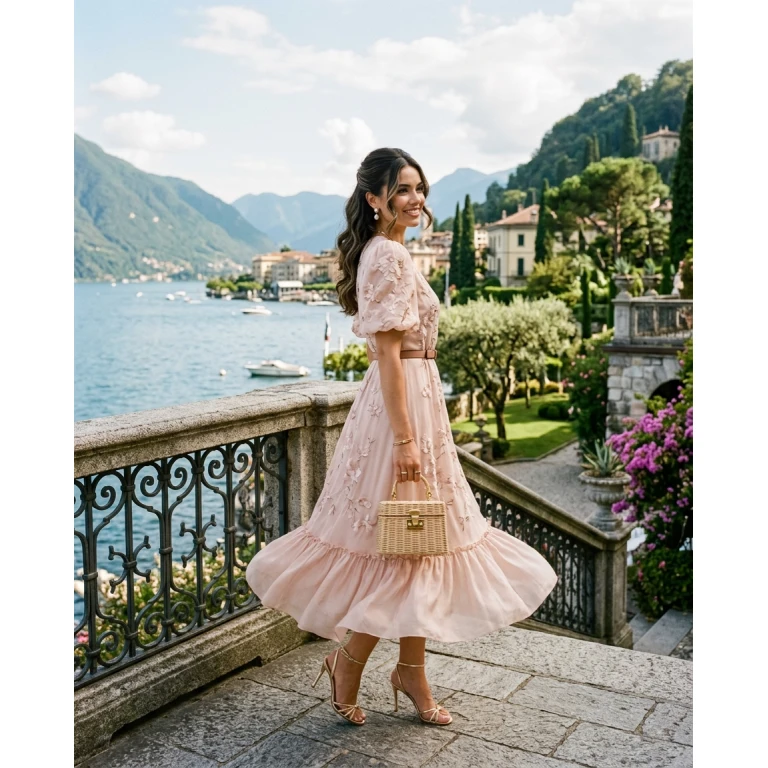 Gemma Deeks Style Guide: Semi Formal wedding guest dress in Lake Como Summer 2026