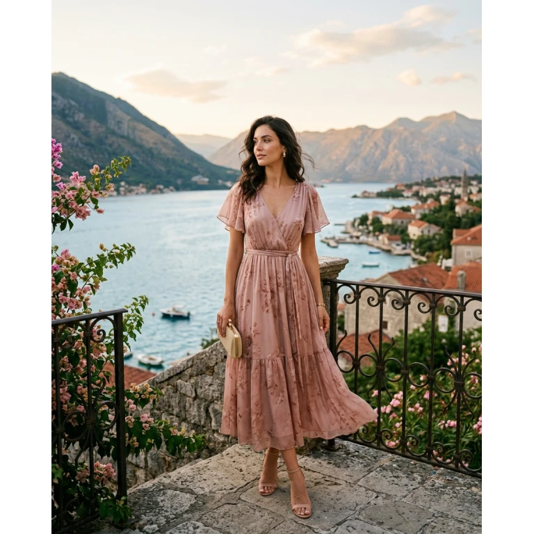 Gemma Deeks Style Guide: Semi Formal wedding guest dress in Montenegro Summer 2026