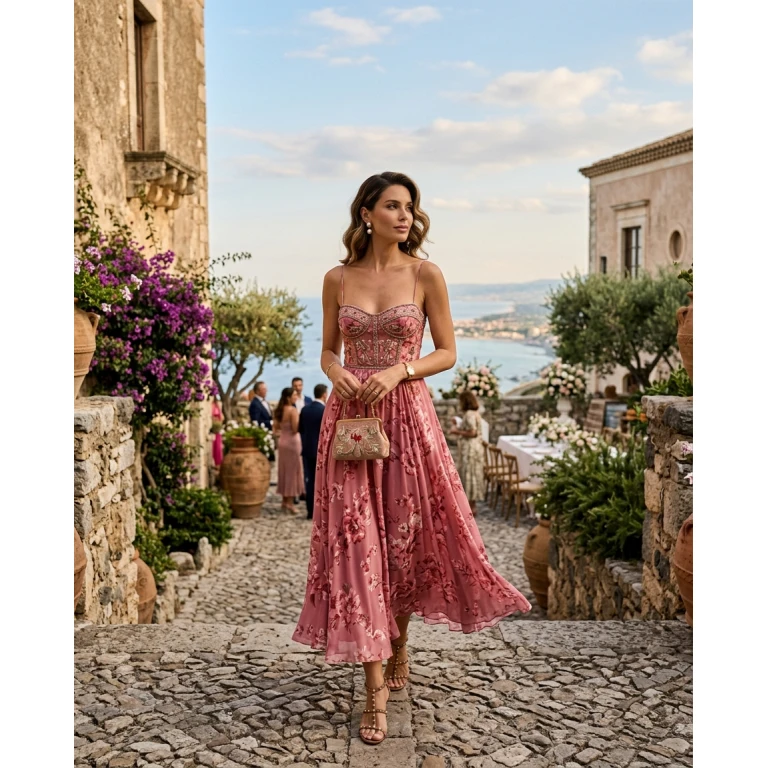Gemma Deeks Style Guide: Semi Formal wedding guest dress in Sicily Summer 2026