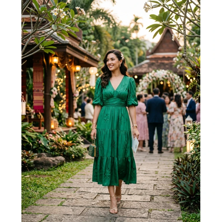 Gemma Deeks Style Guide: Semi Formal wedding guest dress in Thailand Summer 2026