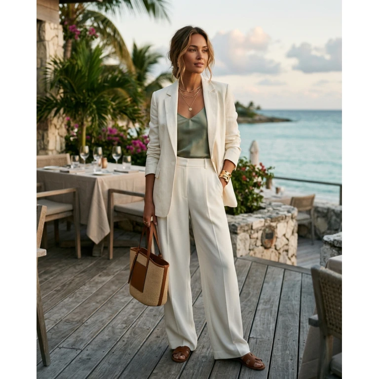 Gemma Deeks Style Guide: Smart Casual dinner outfit in Bahamas Summer 2026