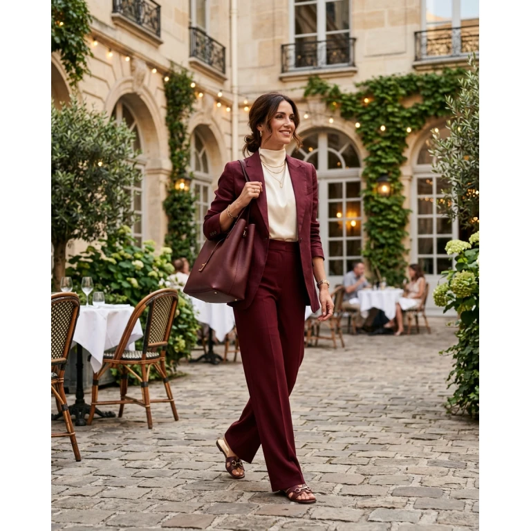 Gemma Deeks Style Guide: Smart Casual dinner outfit in Burgundy Summer 2026