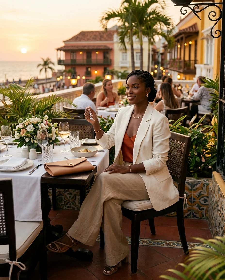 Gemma Deeks Style Guide: Smart Casual dinner outfit in Colombia Summer 2026