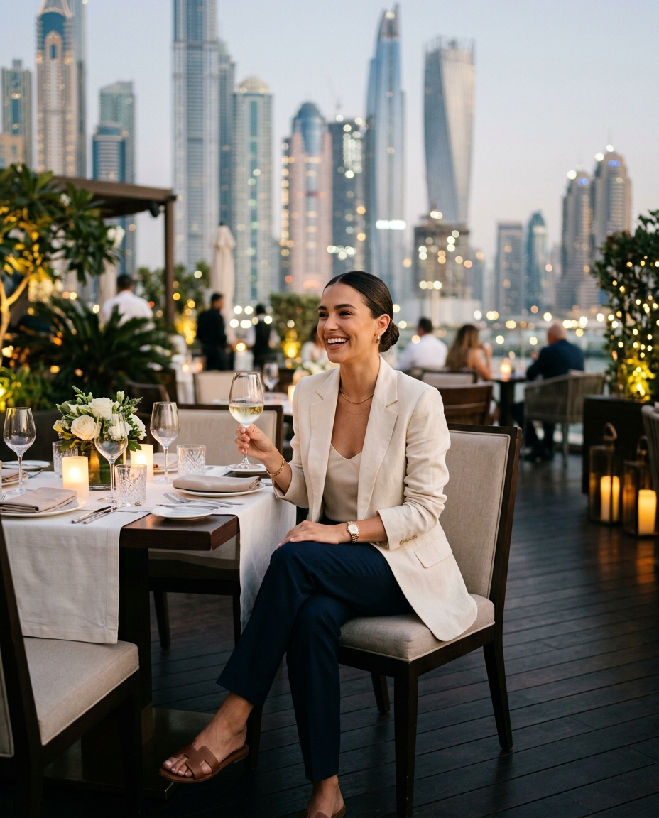 Gemma Deeks Style Guide: Smart Casual dinner outfit in Dubai Summer 2026