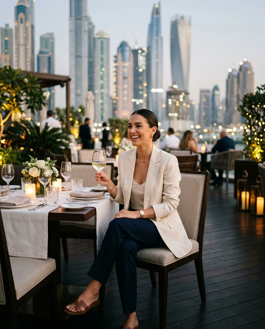 Gemma Deeks Style Guide: Smart Casual dinner outfit in Dubai Summer 2026