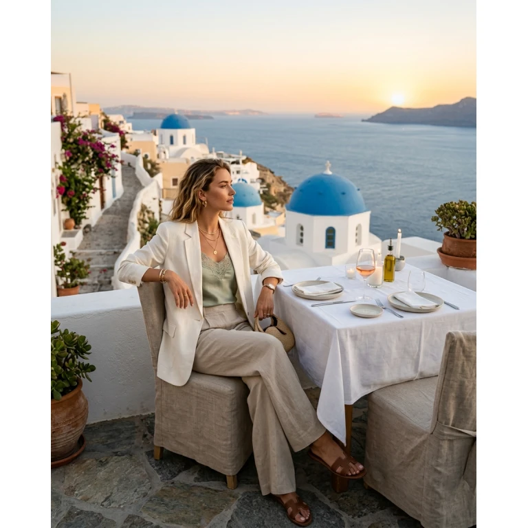 Gemma Deeks Style Guide: Smart Casual dinner outfit in Greece Summer 2026