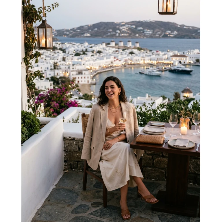 Gemma Deeks Style Guide: Smart Casual dinner outfit in Mykonos Summer 2026