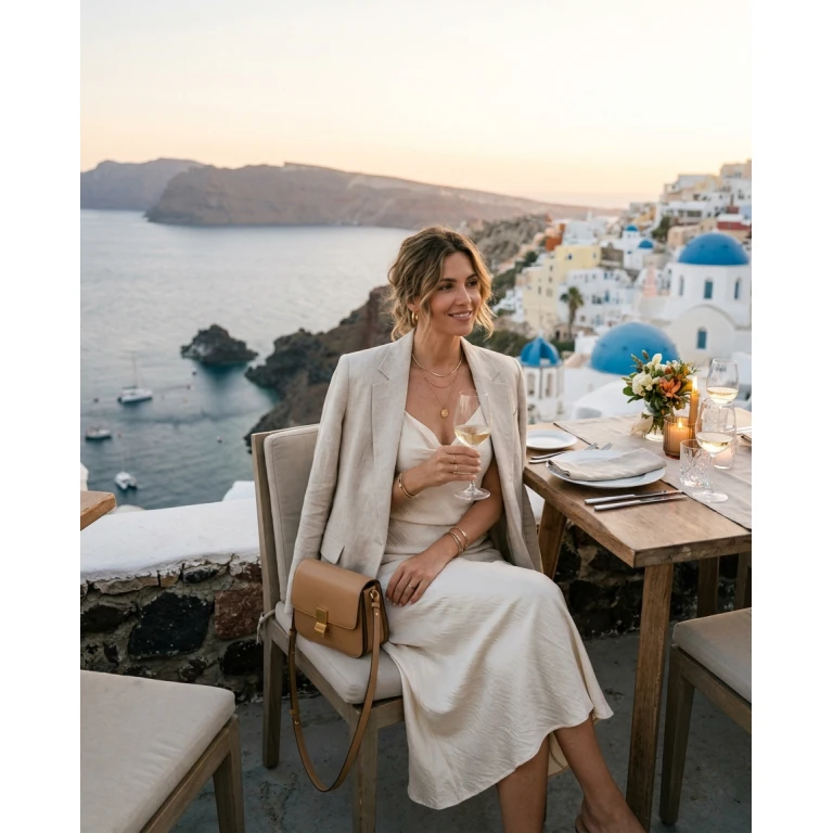 Gemma Deeks Style Guide: Smart Casual dinner outfit in Santorini Summer 2026