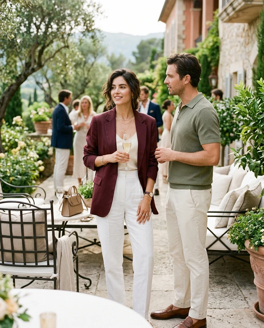 Gemma Deeks Style Guide: Smart Casual Holiday parties in Burgundy Summer 2026