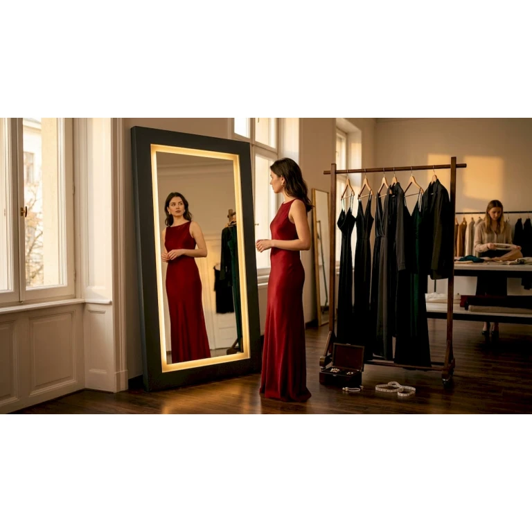 Eine Frau schlüpft im Modesalon in ein elegantes Abendkleid.