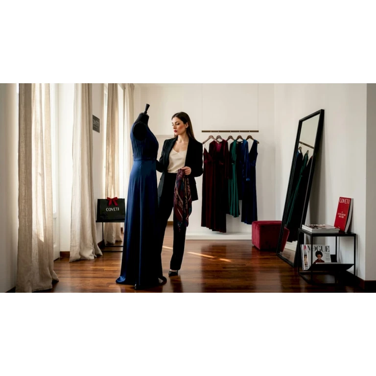 Una donna prova diversi abiti da sera nella cabina di un elegante boutique, cercando quello perfetto per la sua serata speciale.