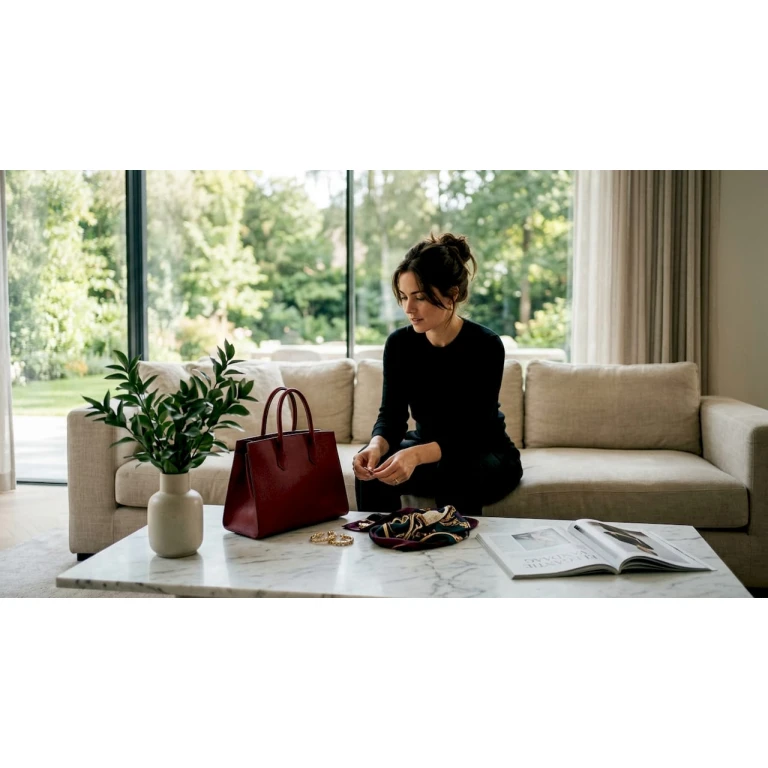 Een vrouw legt haar luxe modeaccessoires zorgvuldig uit op tafel.