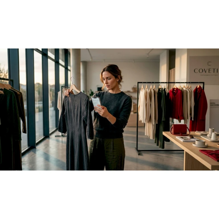 Una mujer revisa cuidadosamente prendas de ropa en una boutique, explorando las últimas tendencias y buscando el conjunto perfecto.