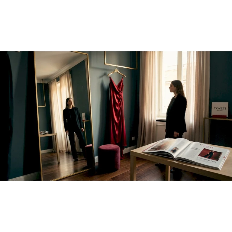Donna che osserva e valuta un abito elegante da cerimonia