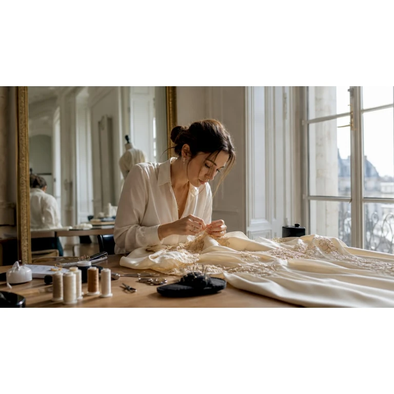Una sarta cuce a mano un abito su misura all’interno di un atelier d’alta moda.