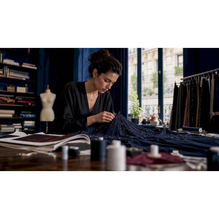 Een modeontwerper bekijkt aandachtig de fijne details van een luxe kledingstuk.