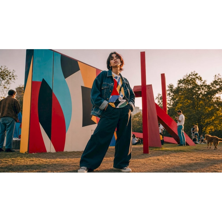 Una persona paseando por la ciudad con un look urbano y sin etiquetas de género.