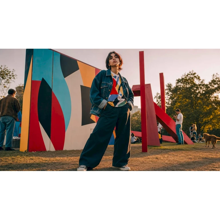 Una persona paseando por la ciudad con un look urbano y sin etiquetas de género.