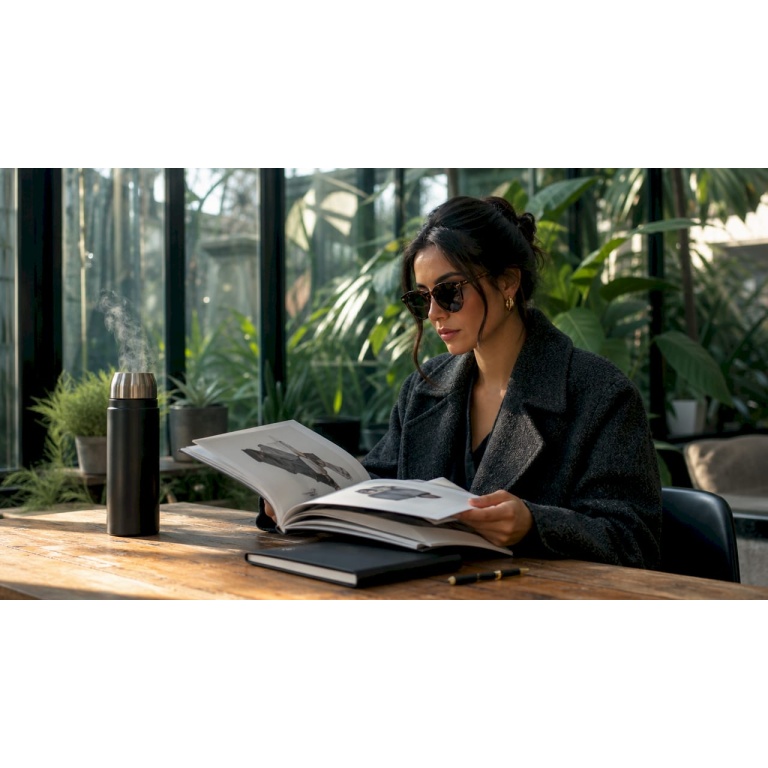 Una donna sorseggia un caffè mentre sfoglia il catalogo di giovani stilisti, curiosa di scoprire nuove tendenze.