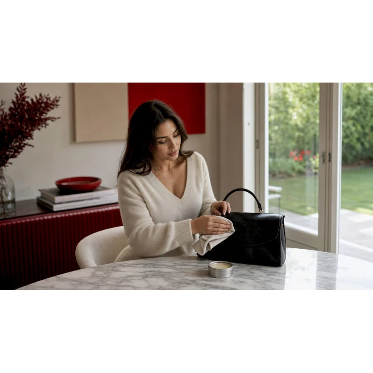 Eine Frau wischt ihre Ledertasche sorgfältig mit einem Tuch ab.