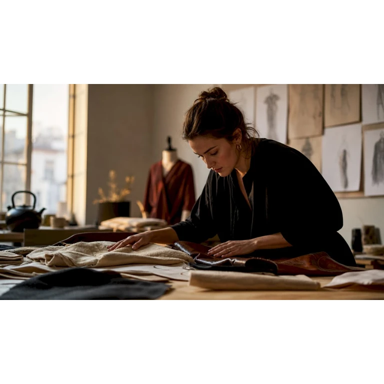 Una mujer explora con sus manos distintas muestras de telas exclusivas en un estudio.