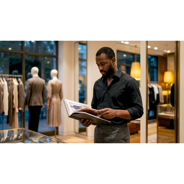 Un homme feuillette un catalogue à la recherche de vêtements haut de gamme pour enrichir sa garde-robe.