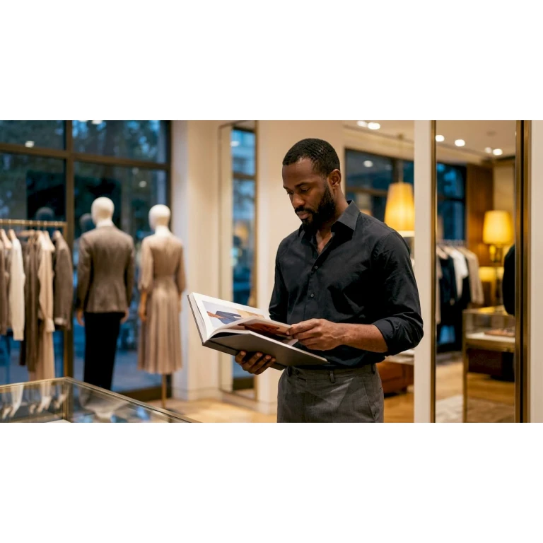 Un homme feuillette un catalogue à la recherche de vêtements haut de gamme pour enrichir sa garde-robe.
